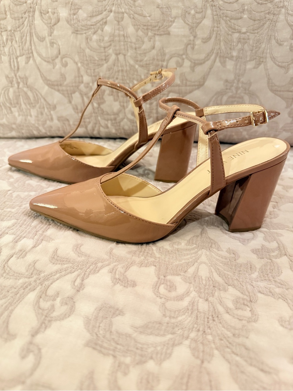 Nine West Pointed T-Strap Block Heel Pumps - Nude Patent